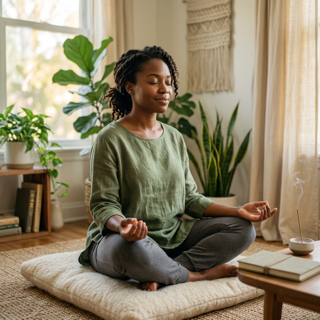 Woman sitting cross-legged and meditating on cushion indoors with plants