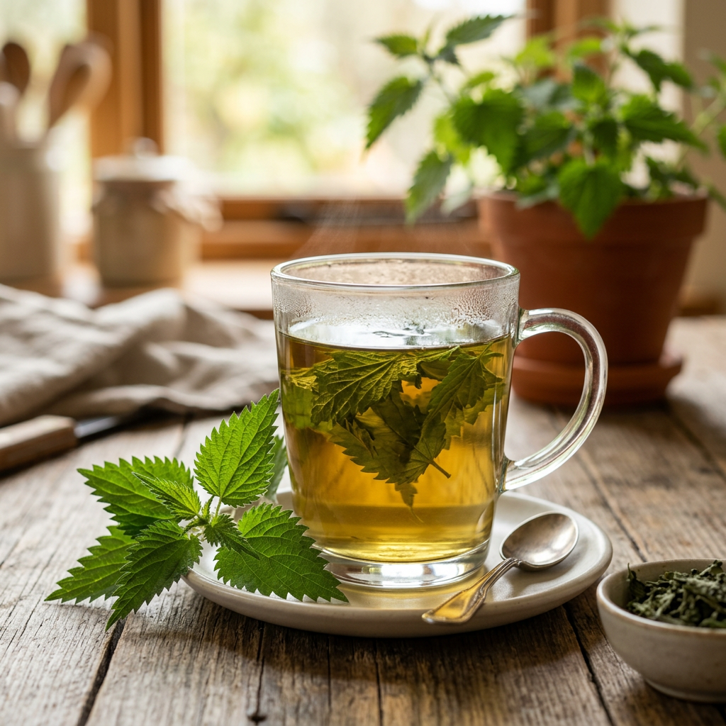 Glass cup of steaming nettle tea with fresh nettle leaves inside on a wooden table